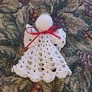 Hand Crocheted White Angel Ornament with Red Bow